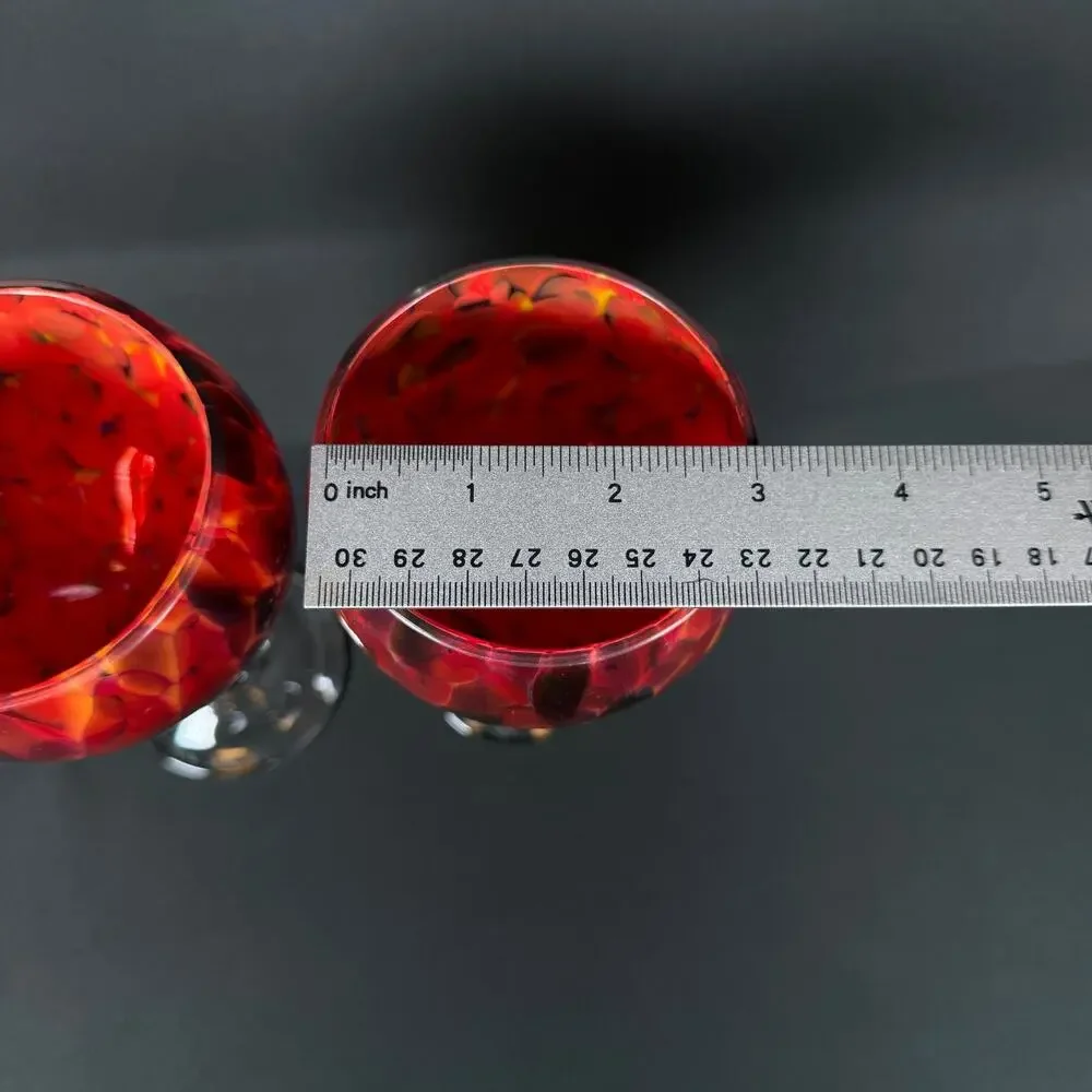 Lot of 2 Crystal Glass Wine Goblets Red Orange Swirl Signed studio art craft